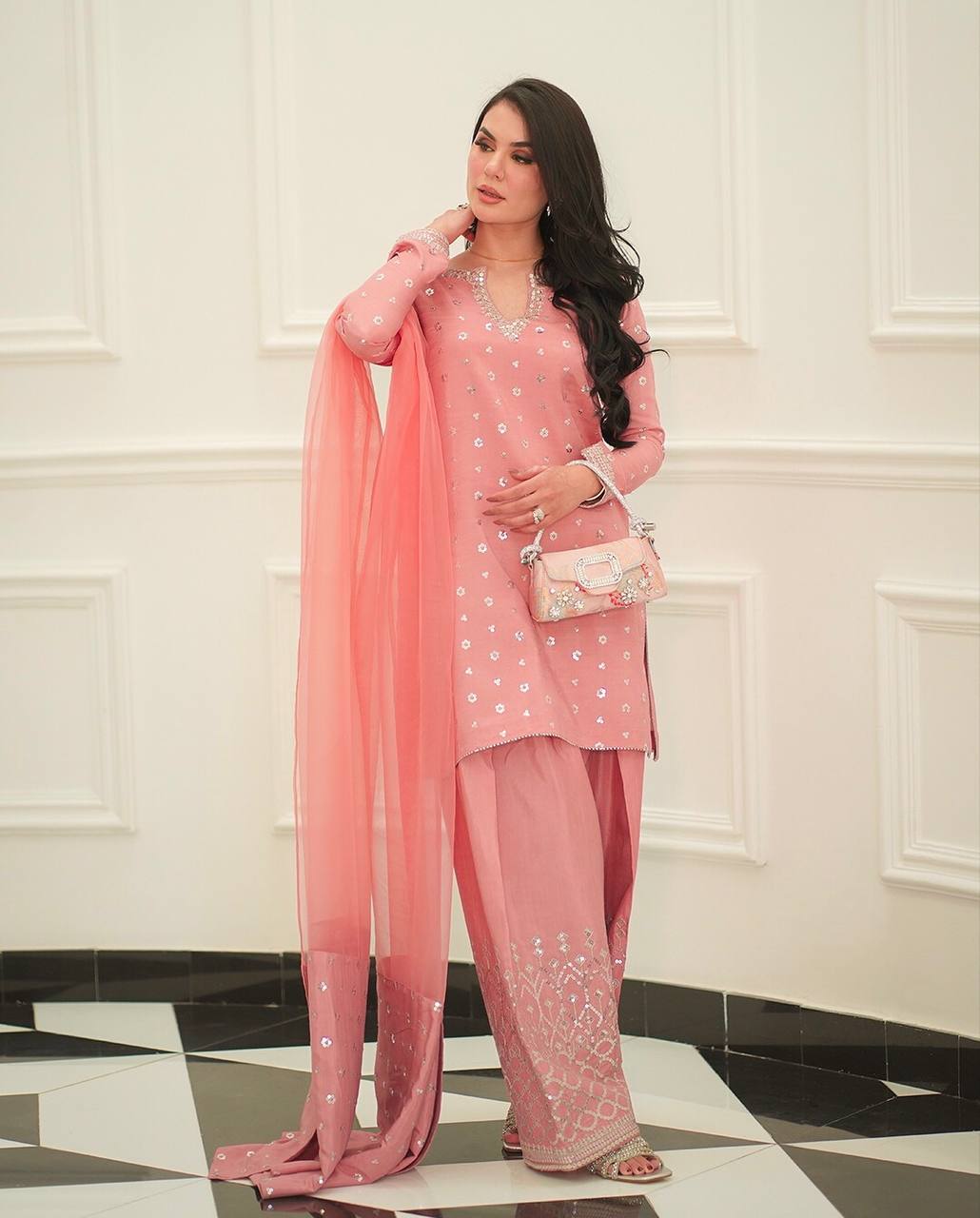 Modern Coral Silver-Trimmed Couture